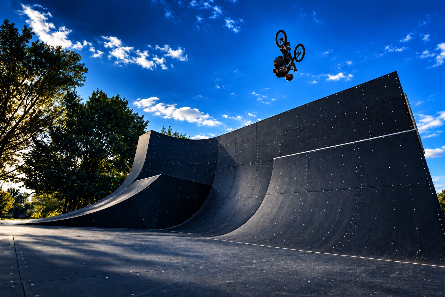BMX jezdec nad monolitickým skateparkem JF Construction
